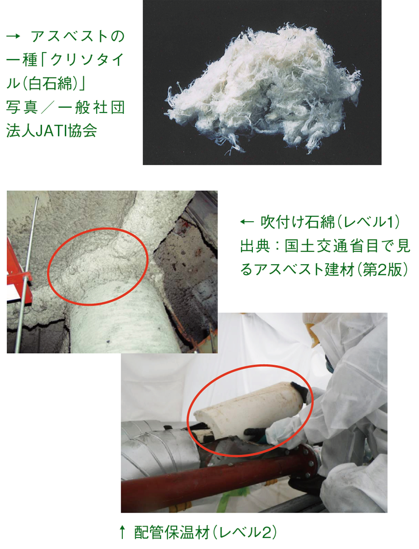 アスベストの一種「クリソタイル（白石綿）」写真／一般社団法人JATI協会、吹付け石綿（レベル1）配管保温材（レベル2）出典：国土交通省目で見るアスベスト建材（第2版）