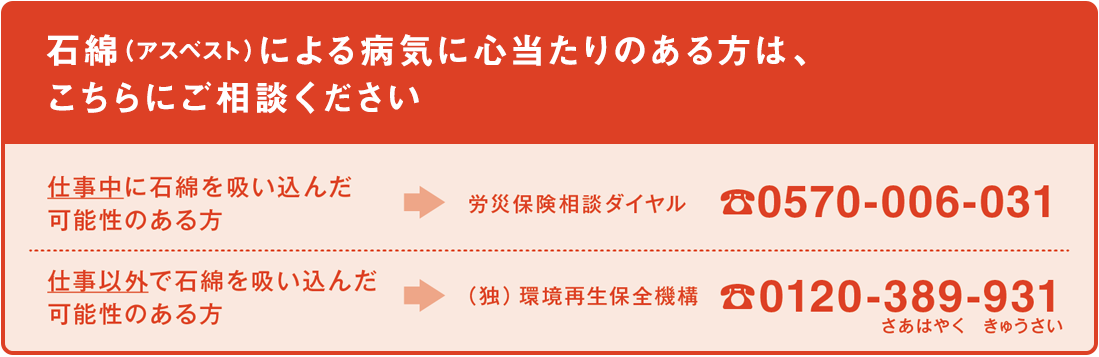 石綿（アスベスト）による病気に心当たりのある方は、こちらにご相談ください