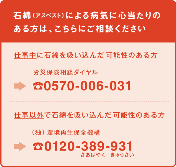 石綿（アスベスト）による病気に心当たりのある方は、こちらにご相談ください