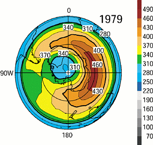10月の月平均オゾン全量の南半球分布（1979年）