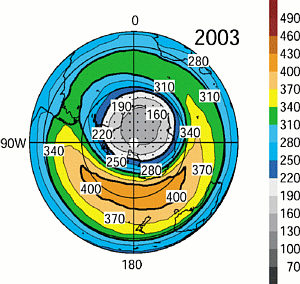 10月の月平均オゾン全量の南半球分布（2003年）
