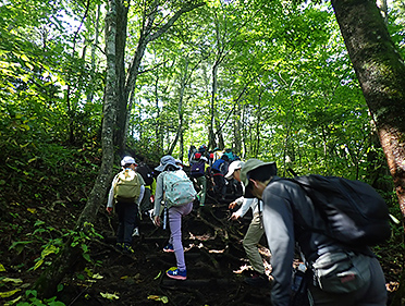 ①登山口：登りはじめは「まだ～」「いつ着くの～」の連発ですが、余裕の表情。元気におしゃべりしながら登ります。