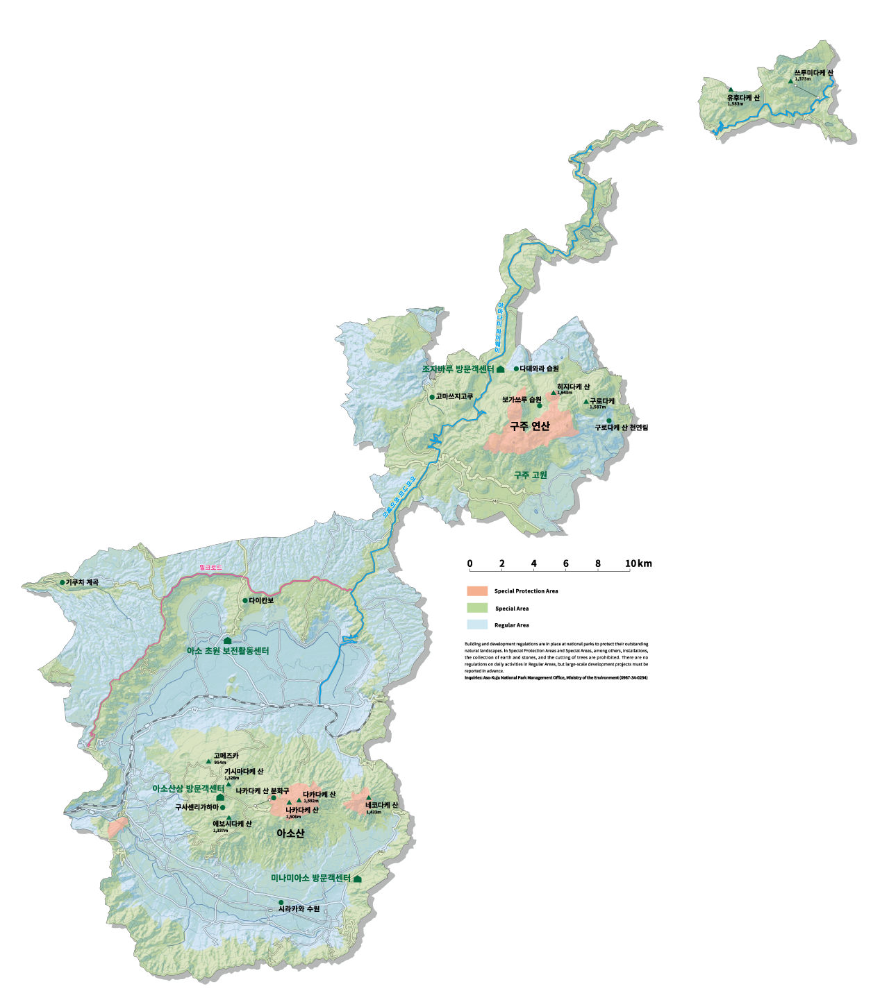 지도:아소 구주 국립공원의 특별 보호구, 특별 지역, 보통 지역의 구분 지도