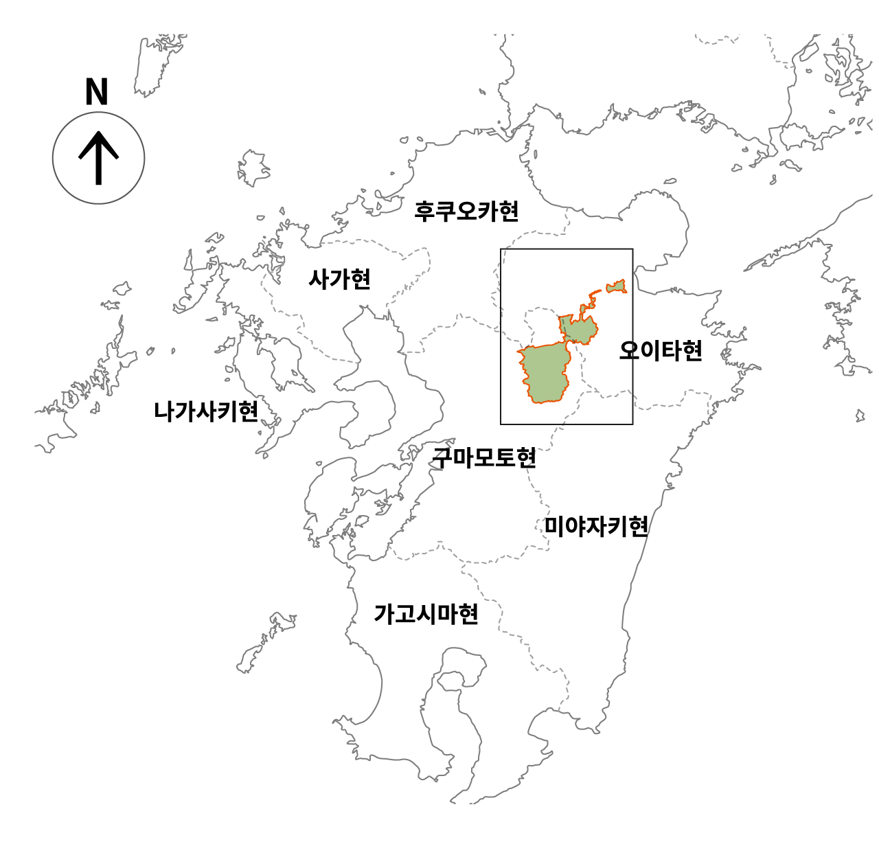 지도:규슈 지방의 아소 구주 국립공원의 위치
