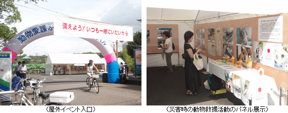 写真（左：屋外イベント入口　右：災害時の動物救援活動のパネル展示）