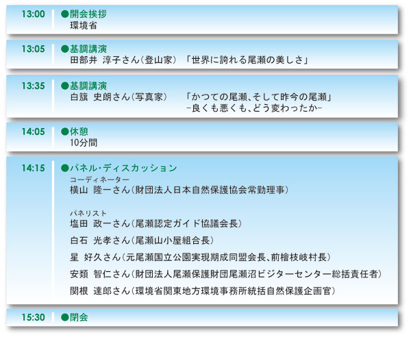 13:00　開会挨拶　環境省　13:05　基調講演　田部井　淳子さん（登山家）　「世界に誇れる尾瀬の美しさ」　13:35　基調講演　白旗　史朗さん（写真家）　「かつての尾瀬、そして昨今の尾瀬」　-良くも悪くも、どう変わったか-　14:05　休憩　10分間　14:15　パネル・ディスカッション　コーディネーター　横山　隆一さん（財団法人日本自然保護協会常勤理事）　パネリスト　塩田　政一さん（尾瀬認定ガイド協議会長）　白石　光孝さん（尾瀬山小屋組合長）　星　好久さん（元尾瀬国立公園実現期成同盟会長、前檜枝岐村長）　安類　智仁さん（財団法人尾瀬保護財団尾瀬沼ビジターセンター総括責任者)　関根　達郎さん（環境省関東地方環境事務所統括自然保護企画官）　15:30　閉会