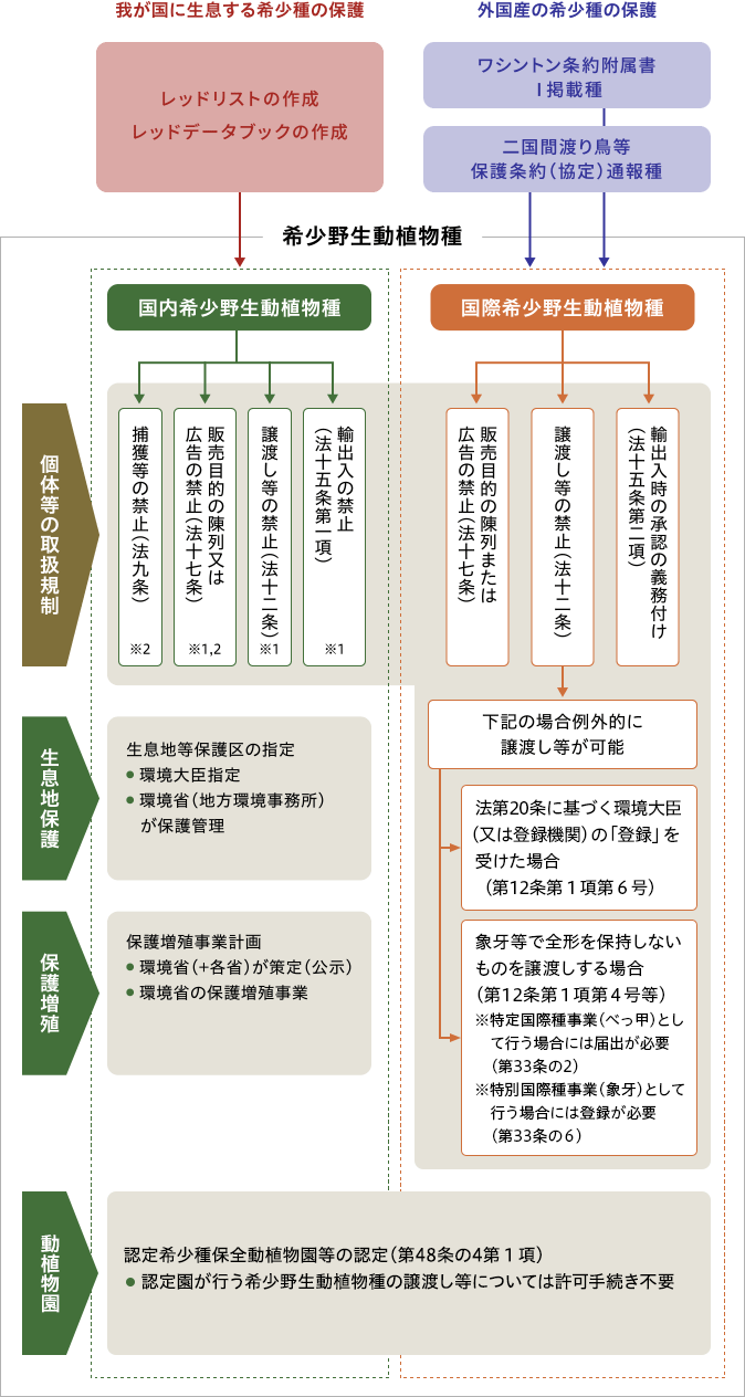 希少野生動植物種の区分と講じられる措置を示した図