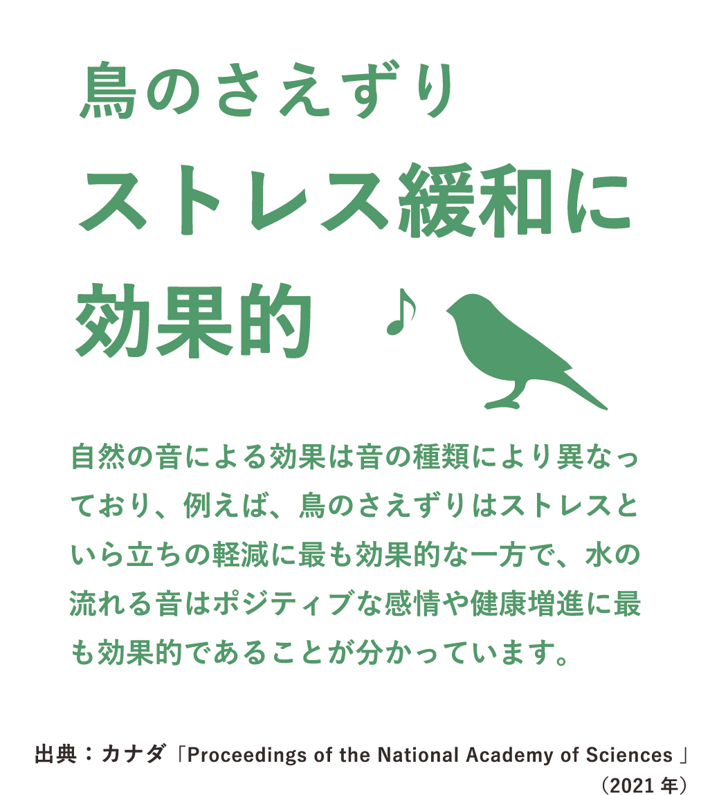 鳥のさえずりストレス緩和に効果的。鳥のイラスト。自然の音による効果は音の種類により異なっており、例えば、鳥のさえずりはストレスといら立ちの軽減に最も効果的な一方で、水の流れる音はポジティブな感情や健康増進に最も効果的であることが分かっています。出典：カナダ「Proceedings of the National Academy of Sciences 」（PC表示）