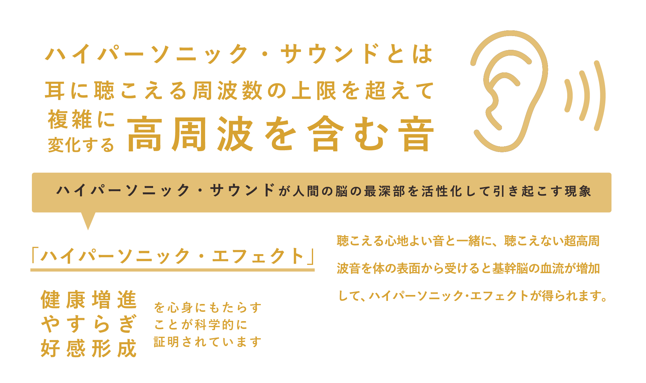 ハイパーサウンドとは耳に聴こえる周波数の上限を超えて複雑に変化する高周波を含む音。耳のイラスト。ハイパーソニック・エフェクト（ハイパーサウンドが人間の脳の最深部を活性化して引き起こす現象。）健康増進、やすらぎ、好感形成を心身にもたらすことが科学的に証明されています。聴こえる心地よい音と一緒に、聴こえない超高周波音を体の表面から受けると基幹脳の血流が増加して、ハイパーソニック・エフェクトが得られます。（PC表示）