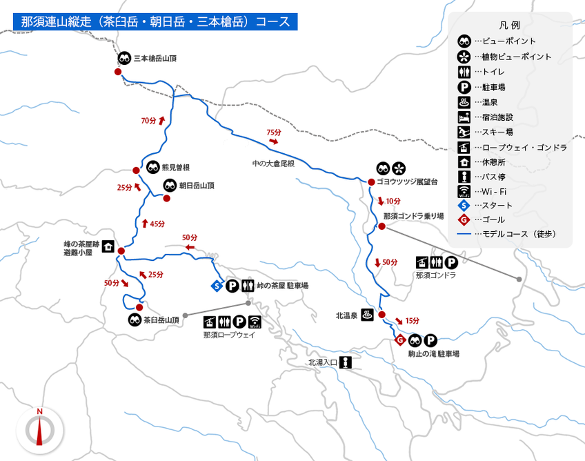 地図: 那須連山縦走（茶臼岳・朝日岳・三本槍岳）コース