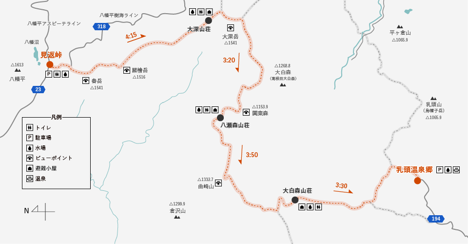 地図: 八幡平乳頭温泉縦走コース
