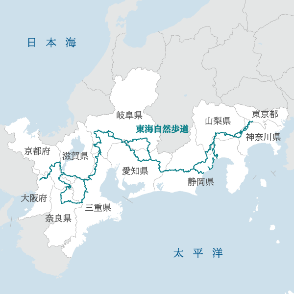 東海自然歩道の拡大地図