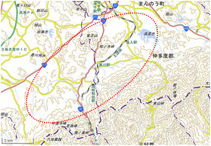 財田町・山本町付近、満濃池周辺 位置図