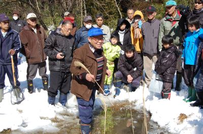 研修会では、氷の張った田んぼに入っての調査をしました