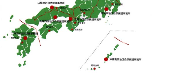 自然保護事務所の位置（日本地図）