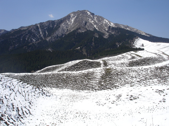 タイトル　積雪の草原と根子岳