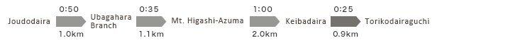浄土平→1.0km→姥ヶ原分岐→1.1km→東吾妻山→2.0km→景場平→0.9km→鳥子平入口