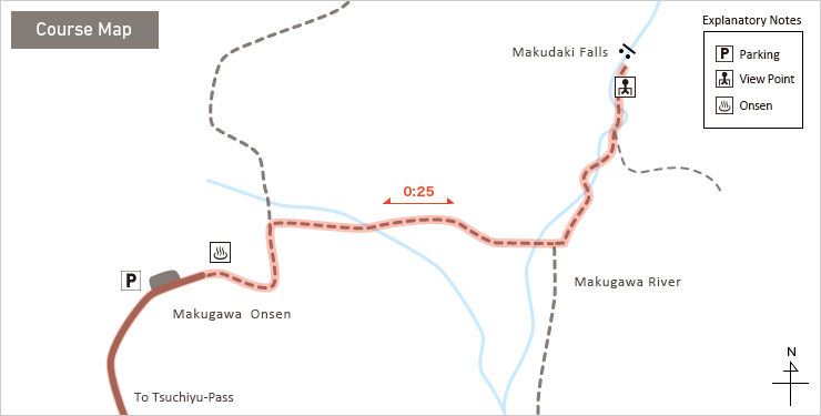 Makukawa Onsen and Makudaki Falls walk Map