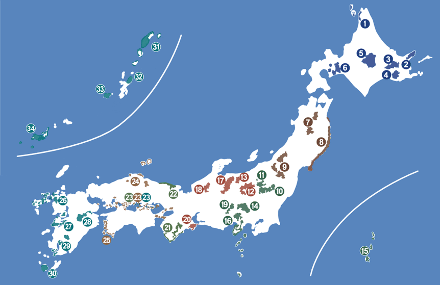日本の国立公園の分布図。各公園の詳細は以下。
