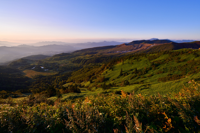 タイトル　朝日に染まる草津白根山と芳ヶ平