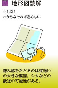 地形図読解が大事。北も南もわからなければ進めない。 踏み跡をたどるのは道迷いの大きな要因。シカなどの獣道の可能性がある。