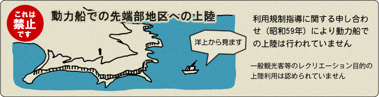 動力船での先端部地区への上陸は禁止。 利用規制指導に関する申し合わせ（昭和59年）により動力船での上陸は行われていません。一般観光客等のレクリエーション目的の上陸利用は認められていません