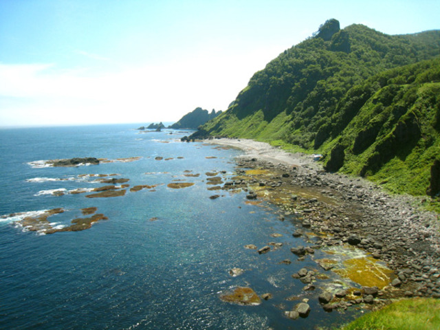 タイトル　知床岬へ続く海岸線（7月）