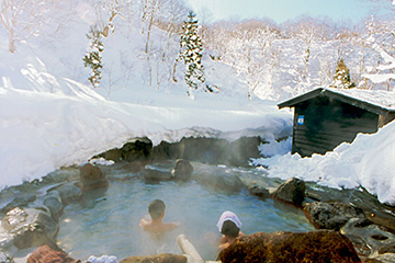 The open-air bath with snow is very tasteful.