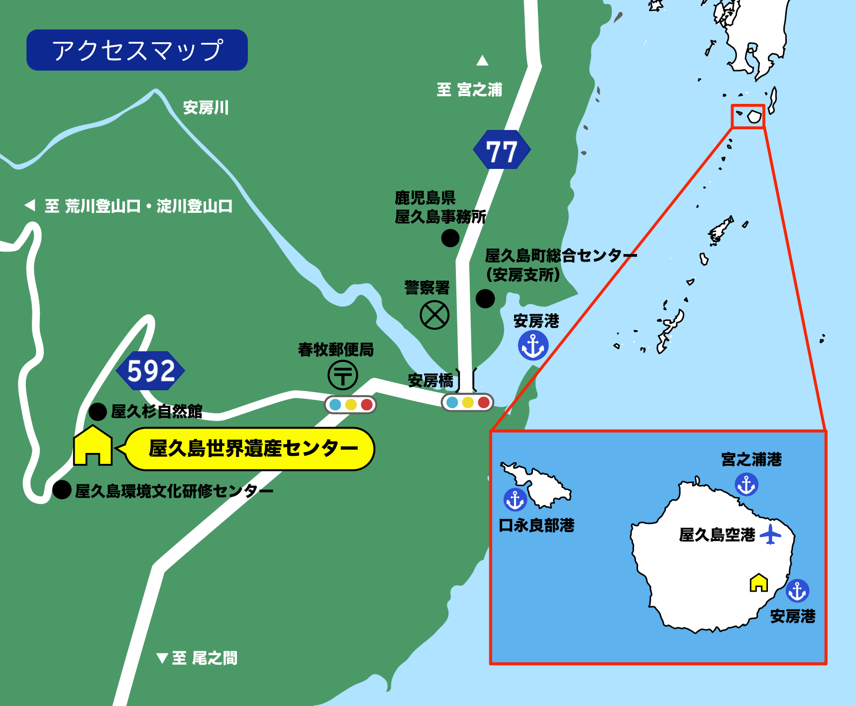 アクセスマップ：屋久島世界遺産センターは屋久島の東南東に位置し、最寄りの安房港から見て西側の山手にあります。島の北東にある宮之浦港や屋久島空港から向かう場合は県道 77 号線を南下し、安房港に向かって流れ込む安房川を渡ったところで西方向（右手側）にまっすぐ進み、春牧郵便局を右手に見る交差点で右折して（県道592号線に入ります）そのまま道なりに進みます。センターの近隣には少し手前に屋久杉自然館、通り越してさらに進むと屋久島環境文化研修センターもあります。詳細は本文の交通手段の案内をご確認ください。