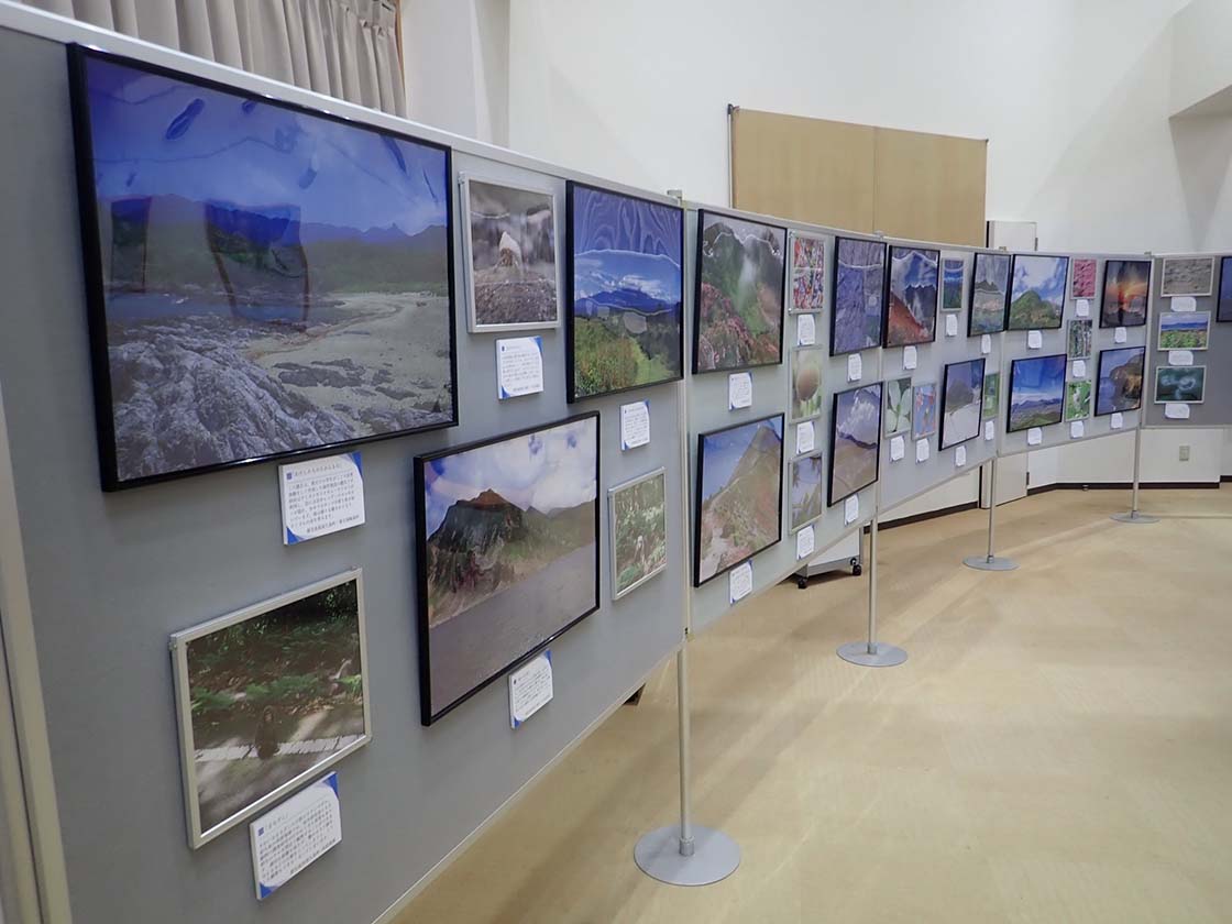 世界遺産センター内で開催された、令和3年度環境省アクティブ・レンジャー写真展の様子。額に入ったたくさんの写真が、掲示されています。