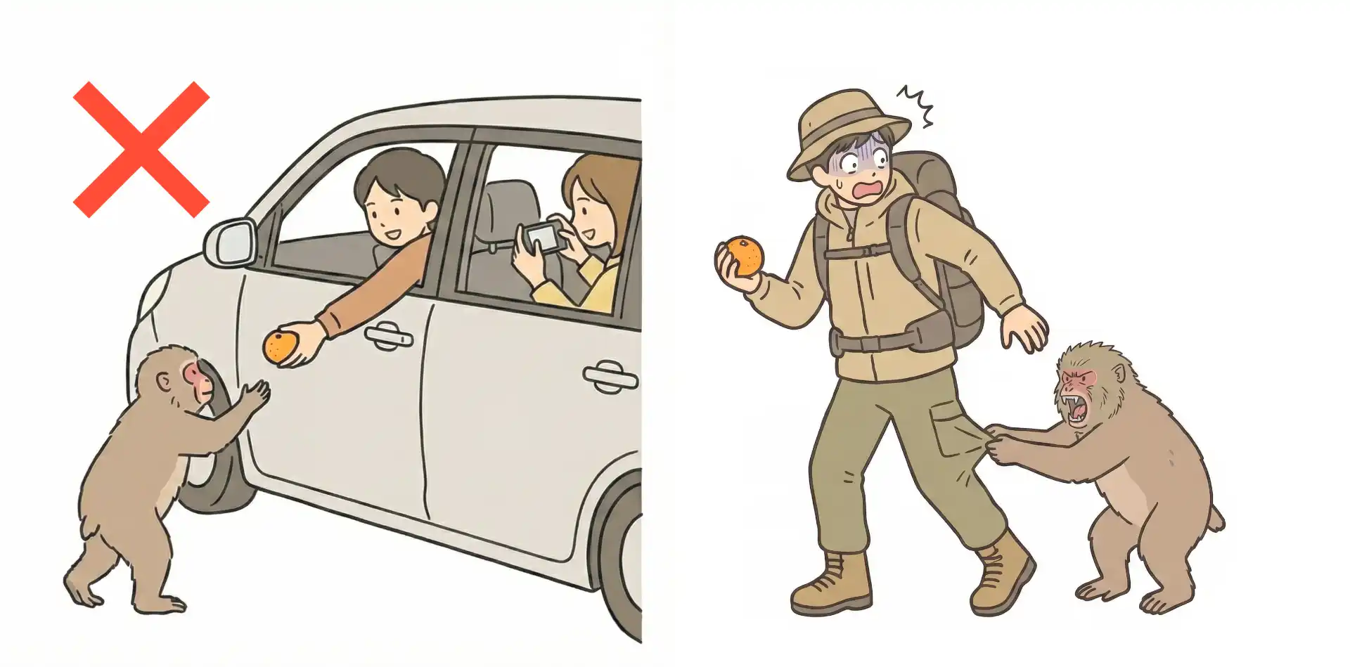 餌やりをしている人と人を襲うヤクシマザルのイラスト