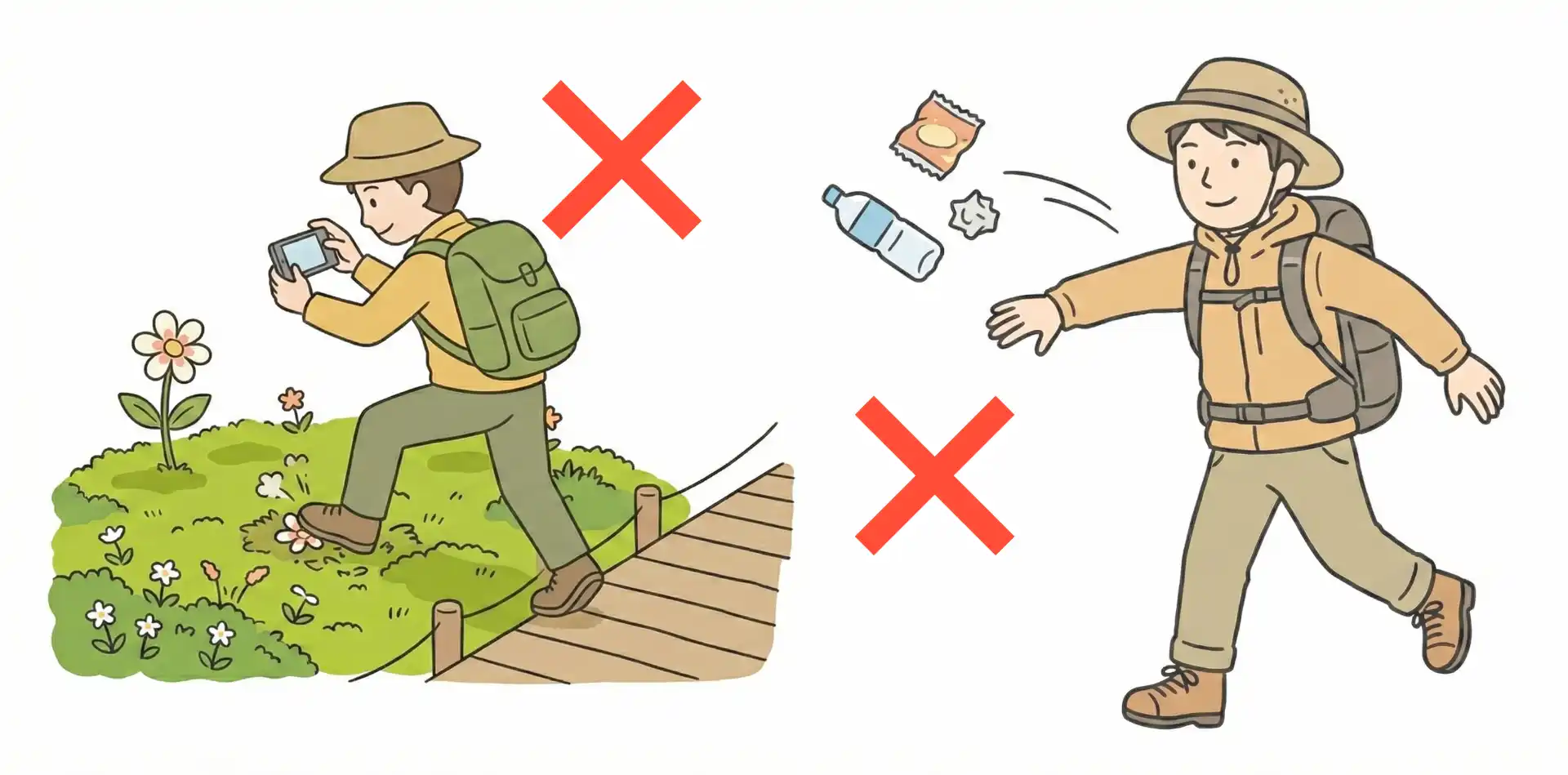 登山道を外れたりゴミをポイ捨てする人のイラスト