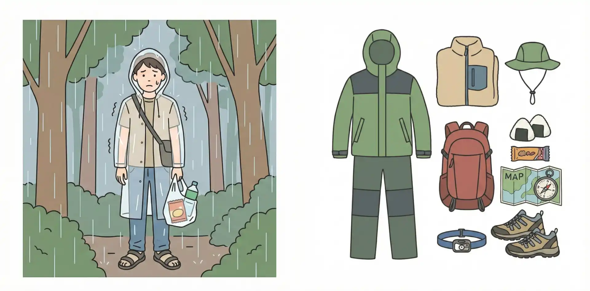 登山用装備不足の登山者のイラスト