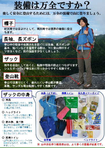 装備は万全ですか？楽しく安全に登山するためには、万全の装備で山に登りましょう。【帽子】好天時では日よけとして、雨天時では視界の確保に役立ちます。【長袖・長ズボン】登山中の怪我や虫刺されを防ぐには長袖、長ズボンが基本。短パンなどを着用する際は、下に登山用のタイツをはくなど、肌の露出を少なくしましょう。【ザック】両手を自由にしておくと、転倒や怪我の防止につながります。ショルダーバッグ等は木に引っかかりやすく危険です。【登山靴】登山では滑りにくく、疲れにくい登山靴が最適。革靴、サンダル等は転倒しやすく危険です。○雨具・山の天候は急変しやすく、夏場でも雨に打たれて低体温症になる場合があります。○ヘッドライト・暗くなってしまった場合に備えて、１人１個あると安心です。○飲み物、食べ物・登山口には自動販売機や売店はありません。必ず麓で準備を。・登山中はこまめに水分や行動食をとるようにしましょう。○携帯トイレ・山中にある携帯トイレブースを利用できるので、ぜひ持って行きましょう。※山中泊を伴う縦走登山は、より多くの装備が必要です。環境省屋久島自然保護官事務所Tel:0997-46-2992