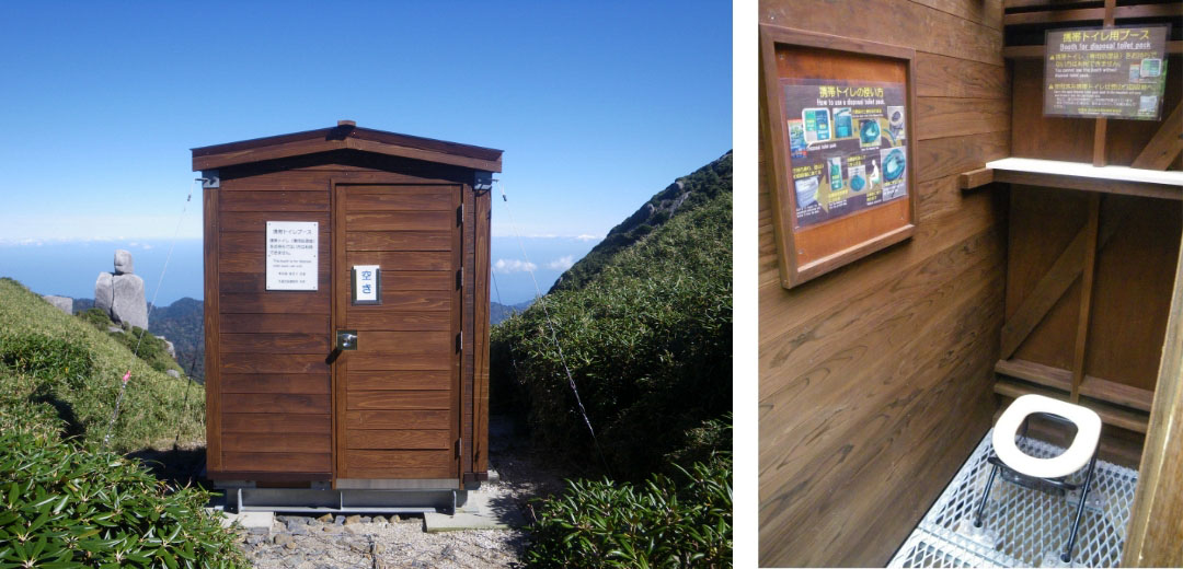 屋久島の山中で携帯トイレを使用する場合、２種類の専用ブースがあります。木造ブースは、中の広さが１帖ほどで、ドア、鍵、屋根がついた頑丈な木造の建物です。中に便座が設置してありますので、携帯トイレの袋を便座にかぶせて使用してください。トイレットペーパーやごみ箱などの設置はありませんので、各自準備の上、使用し使用後はお持ち帰りください。