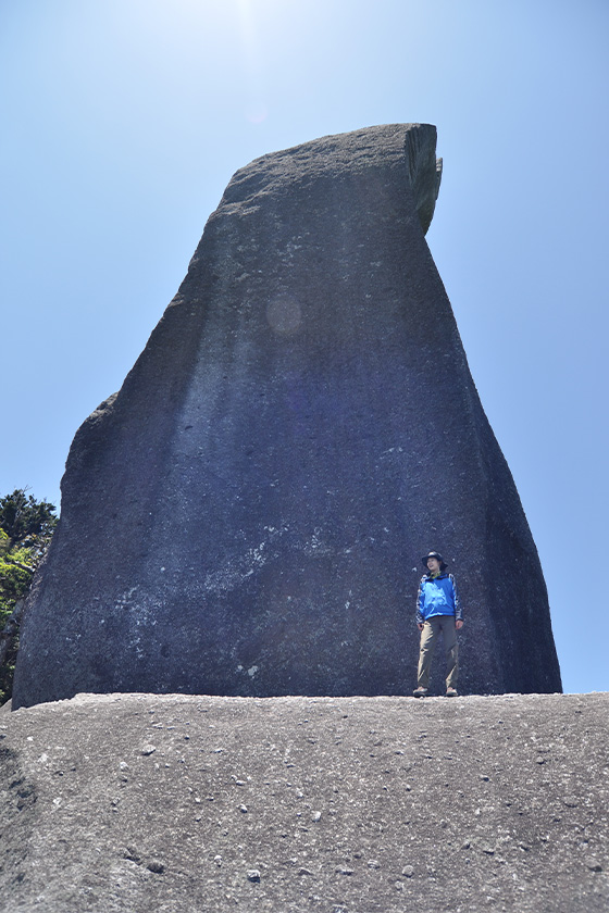 太忠岳の山頂にそびえる神秘的な巨石、天柱石の写真。写真の手前に一人の人が立っており、その大きさがうかがいしれます。