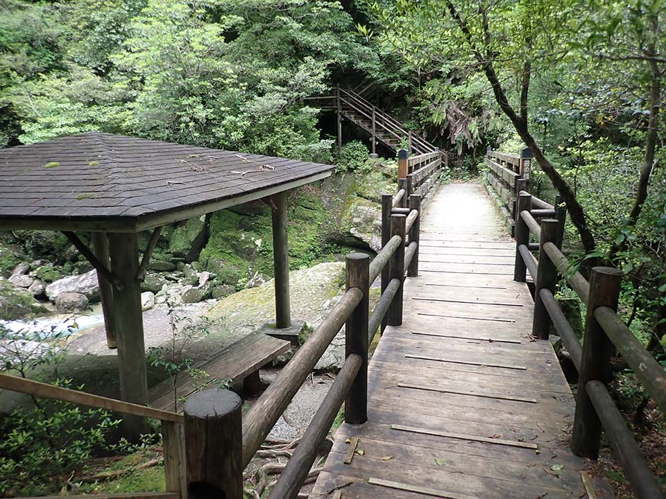 苔の橋の写真。右手には、橋に続いていく木道があり、左手には屋根付きの小休憩スペースがあります。