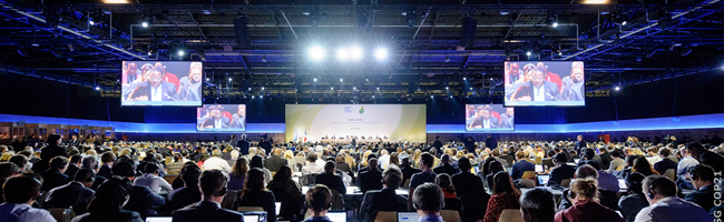 聴衆で埋め尽くされた国連気候変動枠組条約第21回締約国会議（COP21）の会場風景