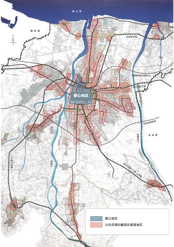 公共交通の沿線に居住推進地区を設定の図。図の内容は下記に記載。