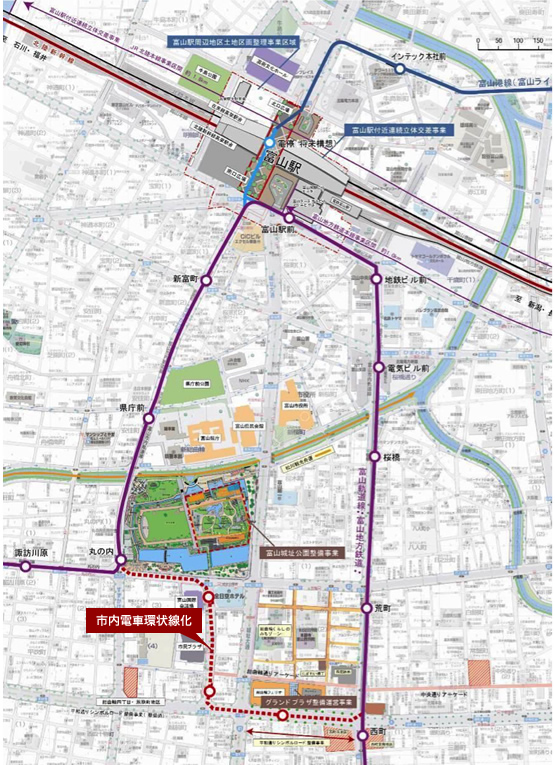 市内路面電車の環状線化の図。図の内容は下記に記載。