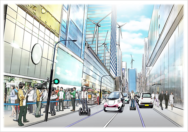 トレンド追従社会のイメージを描いたイラスト。近代的な未来都市の中に人があふれている。トレンドが大きく影響する社会なので、新製品を購入するために店の前に長蛇の列ができている。道路にはコンパクトなエコカーや、人力で動くセグウェイなどが走っている。まちなかではあるが、ビルの屋上などにはコンパクトな風車が設置され、自家発電を行っている。