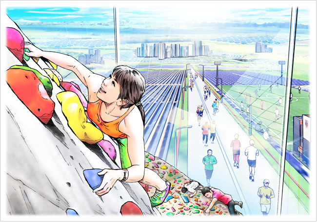 コミュニティ共創社会のイメージを描いたイラスト。ガラス張りの建物の中で、女性がロッククライミングを楽しんでいる。コミュニティ共創社会では、価値を共有する人々が集まりコミュニティを形成しており、このイラストにはスポーツコミュニティシティのエリアが描かれている。屋外では多くの人がランニングやジョギングを楽しんだり、球戯場でサッカーを楽しんだりしている。遠くには別の高層ビル街が描かれている。別の価値観を持った人々のコミュニティシティだ。