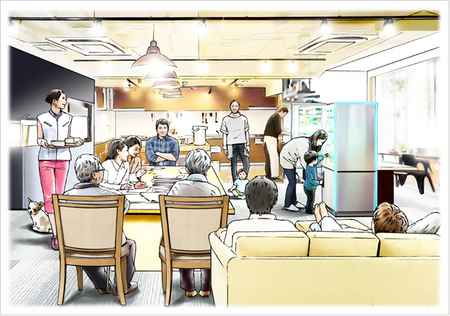 計画的流動・最適化社会のイメージを描いたイラスト。都心部のリノベーションされた広いシェアハウスの共有スペースで、人々がくつろいでいる様子が描かれている。広いテーブルでは若者と高齢者が談笑している。また、若い母親が小さな男の子と共用の冷蔵庫を開けて飲み物を探している。部屋自体は新築でもない公営住宅だが、いろいろなタイプの間取りがあるため、多くの家族が子どもの成長などライフサイクルに合わせて住み替えている。