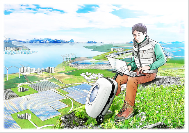 遊住スタイル社会のイメージを描いたイラスト。若い男性が丘の上に座ってパソコンで原稿を書いている。大学を卒業した後、日本の街を転々としながらライターの仕事をしている青年の一日を描いたもの。遊住スタイル社会では、この青年のように固定した住所を持たず、個人で自らのライフスタイルに合わせて移住していくケースが目立つ。遠くには、住人が協力して野菜を栽培する共同農場や、地域の電力を供給する風力発電所が見える。