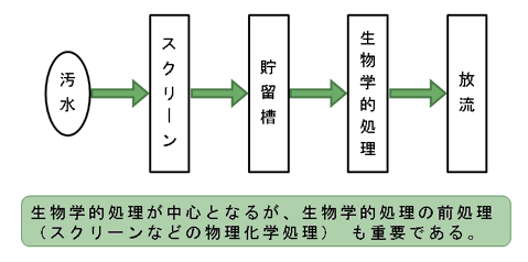 図２：有機性排水処理（物理化学処理＋生物学的処理）のフロー例