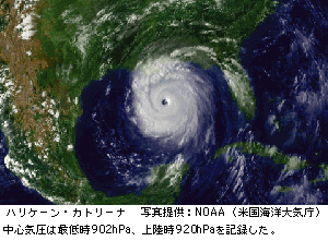 写ハリケーン・カトリーナ　写真提供：NOAA（米国海洋大気庁）中心気圧は最低時902hPa、上陸時920hPaを記録した