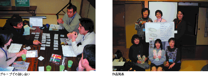 コラム写真左：グループで話し合い、右：作品発表