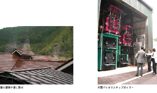 コラム写真左：宿の屋根や窓に散水、右：木質バイオマスチップボイラー