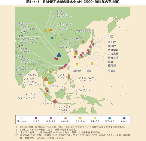 図1－4－1　EANET地域の降水中pH（2000－2004年の平均値）