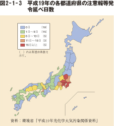 図2－1－3　平成19年の各都道府県の注意報等発令延べ日数